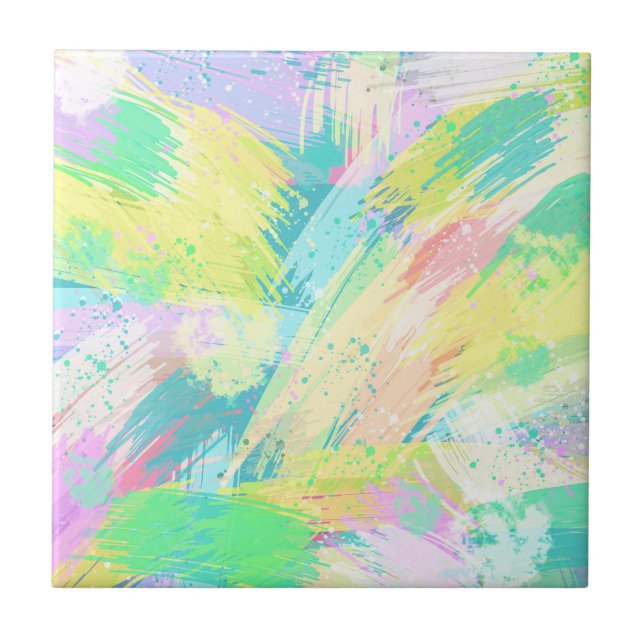 Pale Pastel Abstract Art Turquoise Yellow Tile (Front)
