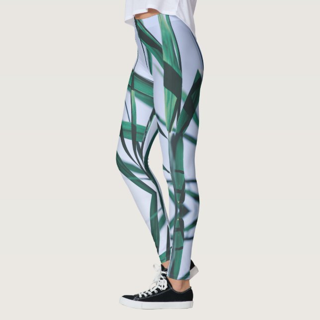 Pale Pastel Green Grass Reeds Sky Leggings (Left)