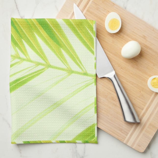 Pale Pastel Green Palm Tree Leaves Kitchen Towel (Quarter Fold)