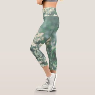 Pale Pastel Green Yellow Wild Meadow Flowers Capri Leggings