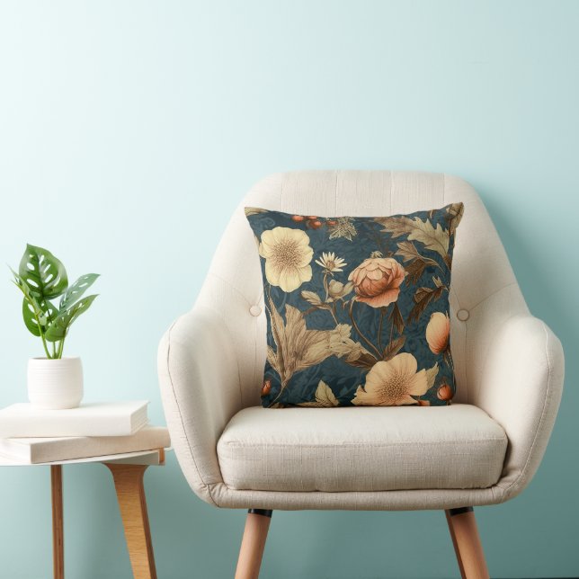 Pale Peach and Pink Florals on Teal Background Throw Pillow (Chair)