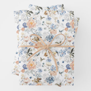 Pale Peach Blush Blue Bird Wrapping Paper Sheet