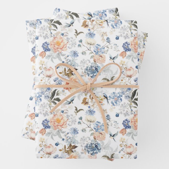 Pale Peach Blush Blue Bird  Wrapping Paper Sheet (In situ)