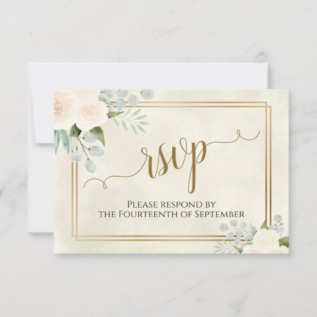 Pale Peach or White Roses Elegant Boho Wedding RSVP Card (Front)