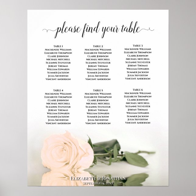 Pale Peach Rose 6 Table Wedding Seating Chart (Front)