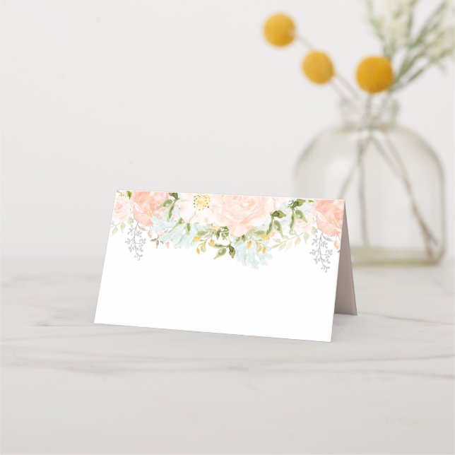 Pale Peach Roses Bouquets with Greenery Place Card (Front)