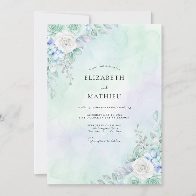 Pale Periwinkle Peony Wedding Invitation (Front)