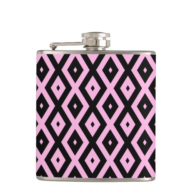 Pale pink and black diamond pattern hip flask (Front)