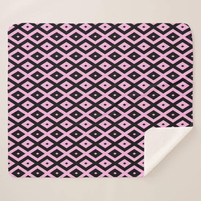 Pale pink and black diamond pattern sherpa blanket (Front (Horizontal))