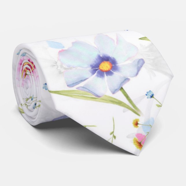Pale Pink And Blue Flowers Tie (Rolled)