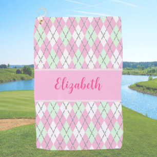 Pale pink and green argyle custom name ladies golf towel