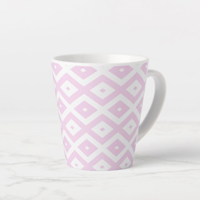 Pale pink and white diamond pattern latte mug (Right Angle)