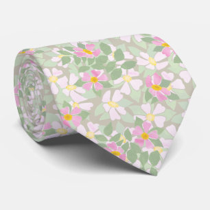 Pale Pink and White Dog Roses on Taupe Background Tie
