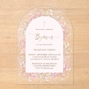 pale pink background white pink flowers Baptism Acrylic Invitations