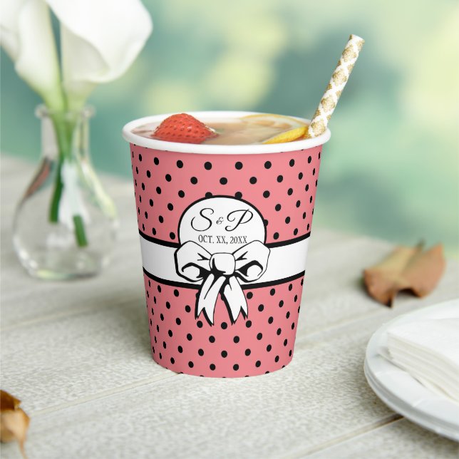 Pale Pink Black Polka Dot White Bow Personalized Paper Cups (Insitu)