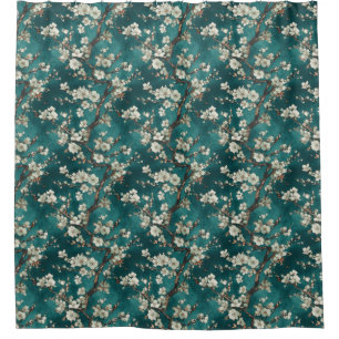 Pale Pink Cherry Blossoms on Aqua Teal Background