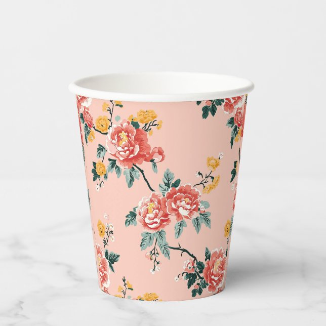 Pale Pink Chinoiserie Floral Paper Cups (Front)