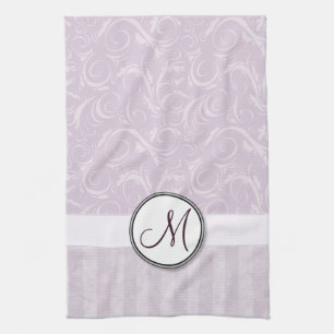 Pale Pink Floral Wisps & Stripes with Monogram Kitchen Towel