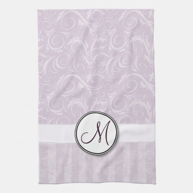 Pale Pink Floral Wisps & Stripes with Monogram Kitchen Towel (Vertical)