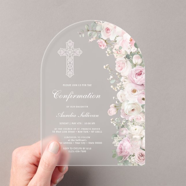 Pale Pink Flowers Arch Confirmation Frosted Acrylic Invitations (Insitu (Handheld))