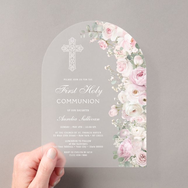 Pale Pink Flowers Arch First Communion Frosted Acrylic Invitations (Insitu (Handheld))