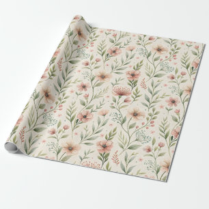 Pale Pink Flowers Sage Green Cottagecore Design Wrapping Paper