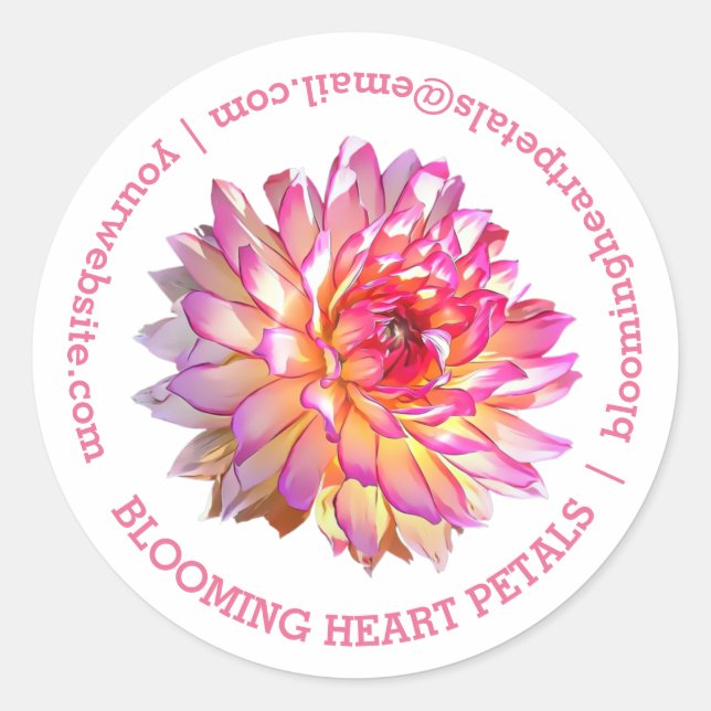 Pale Pink Giant Dahlia Business Contact Details Classic Round Sticker (Front)