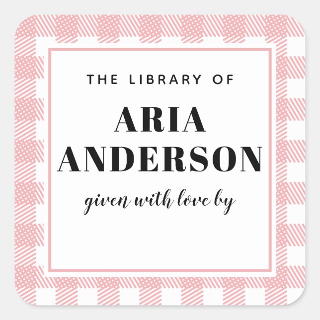 Pale Pink Gingham Plaid Baby Boy Book Plate Square Sticker (Front)
