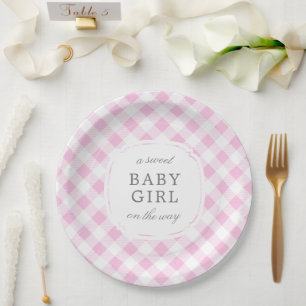 Pale Pink Gingham Plaid Sweet Baby Girl Paper Plate