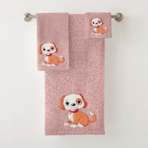 Pale Pink Glitter Background Cute Puppy Red Colla Bath Towel Set