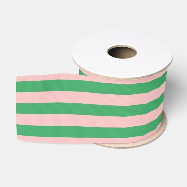 Pale Pink & Green Striped | Any Length | Grosgrain Ribbon (Spool)
