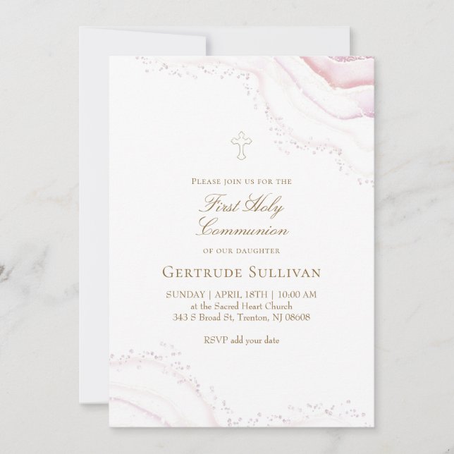pale pink marble First Holy Communion Invitation (Front)
