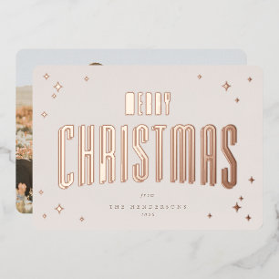 Pale Pink Merry Christmas Retro Stars Photo Foil Holiday Card