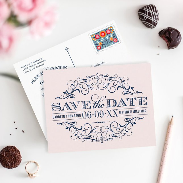 Pale Pink Navy Scrollwork Save the Date Announcement Postcard (Creator Uploaded)