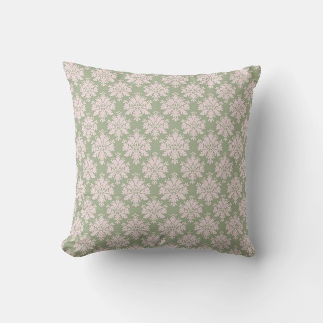 pale pink on sage green ornate damask pattern throw pillow (Front)