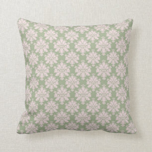 pale pink on sage green ornate damask pattern throw pillow
