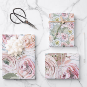 Pale pink peach watercolor roses white blush sage  wrapping paper sheet