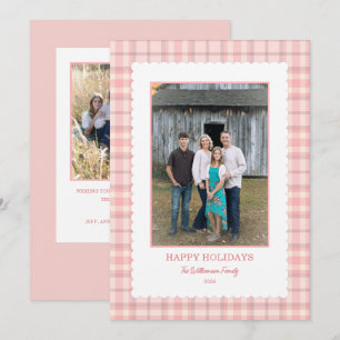 Pale Pink Plaid Scallop Frame Photo Christmas  Holiday Card