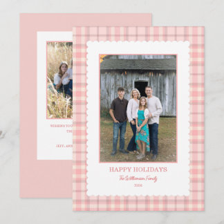 Pale Pink Plaid Scallop Frame Photo Christmas  Holiday Card