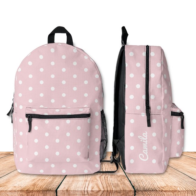 Pale Pink Polka Dot Printed Backpack (Personalize this girl backpack with your name)