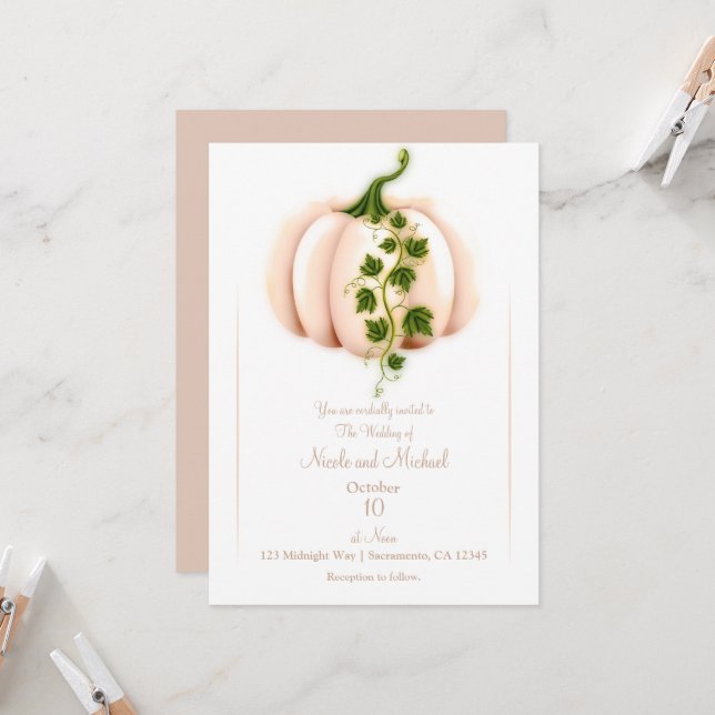 Pale Pink Pumpkin Storybook Chic Fall Wedding  Invitation (Front/Back In Situ)