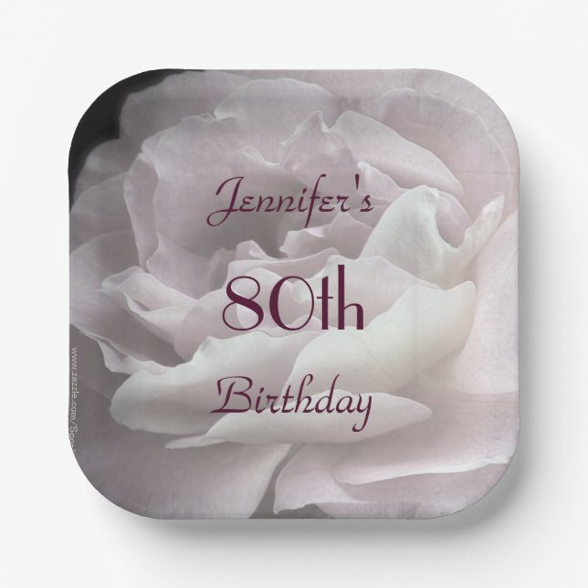 Pale Pink Rose, 80th Birthday Party, Name, Square Paper Plate (Front)
