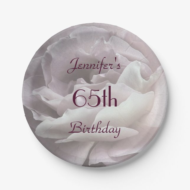Pale Pink Rose, Name, 65th Birthday Party Paper Plate (Front)