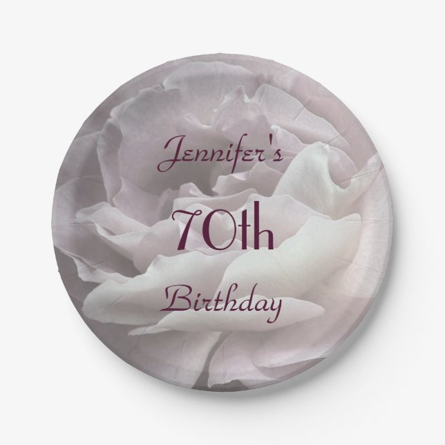 Pale Pink Rose, Name, 70th Birthday Party Paper Plate (Front)