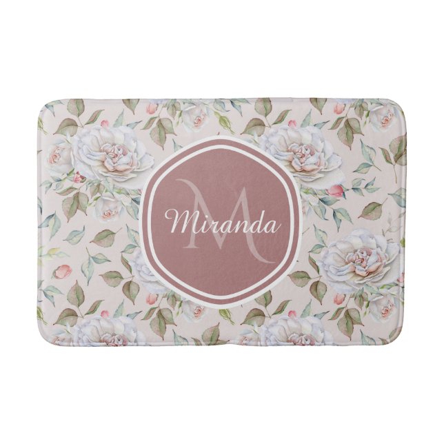 Pale Pink Rose Pattern With Monogram and Name Bath Mat (Front)