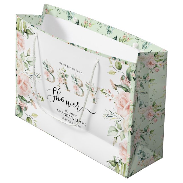 Pale Pink Roses Floral Letters Baby Shower Large Gift Bag (Front Angled)