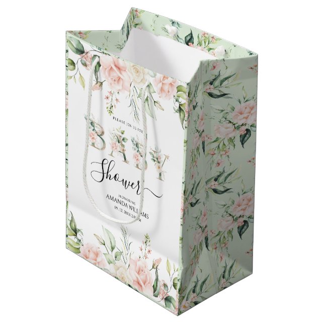 Pale Pink Roses Floral Letters Baby Shower Medium Gift Bag (Front Angled)