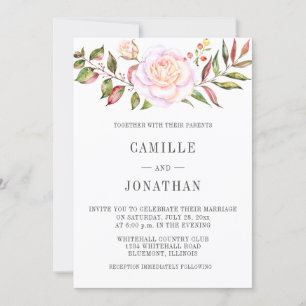 Pale Pink Roses Greenery Watercolor Floral Wedding Invitation