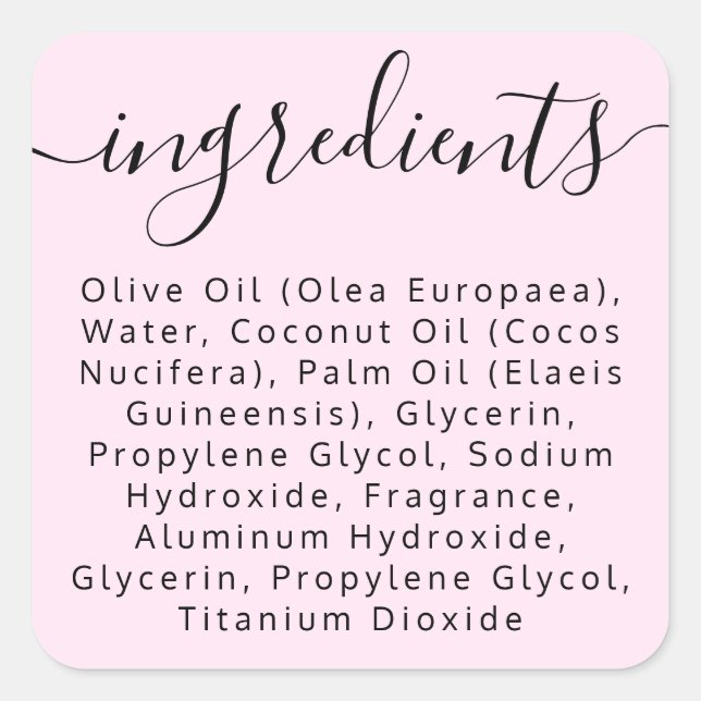 Pale pink script ingredient list product label (Front)