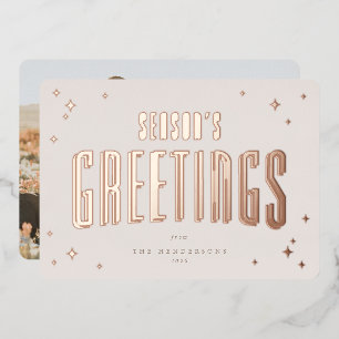 Pale Pink Season's Greetings Retro Stars Photo  Foil Holiday Card